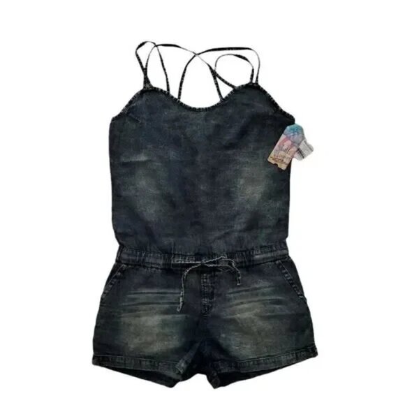 Wallflower Denim Romper L Blue Acid Wash Drawstring Pockets Festival Vibes - Picture 2 of 10